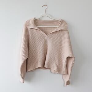Collared Vneck Cropped Knit Sweater Beige Medium